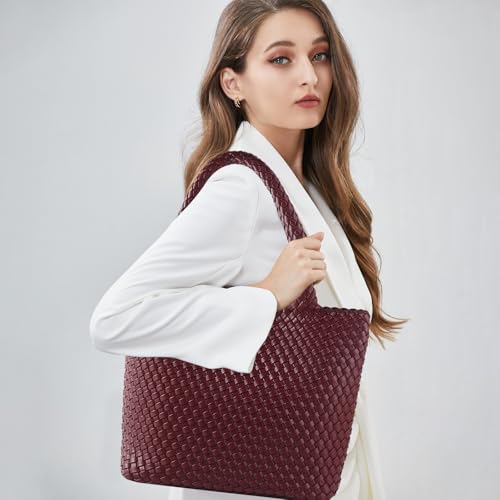 Hand Woven Bag Tote BagS For Women Top Handle Shoulder Vegan Leather Large Travel Beach Hobo Handbag - color: Burgundy