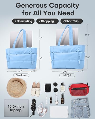 HOTOR Puffer Tote Bag for Women, Nurses - Multi-Pocket Lightweight Bag for Work - Quilted Handbag for Travel and Gym - color: Light Blue, size: 18.1" × 6.3" × 11.8"