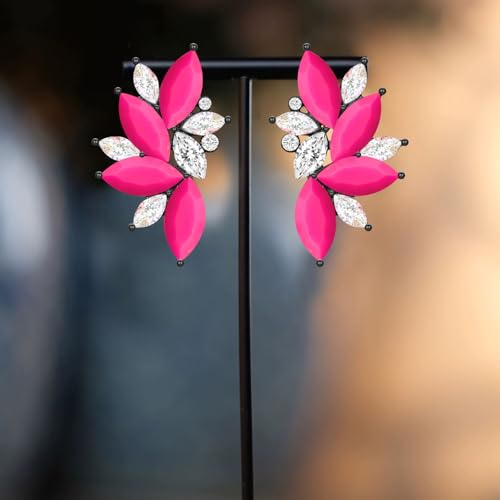 Bohemian Statement Sparkly Colourful Fancy Rhinestone Crystal Flower Dangle Drop Stud Earrings Vintage Wedding Bridal Prom Earrings for Women - color: Rose Red