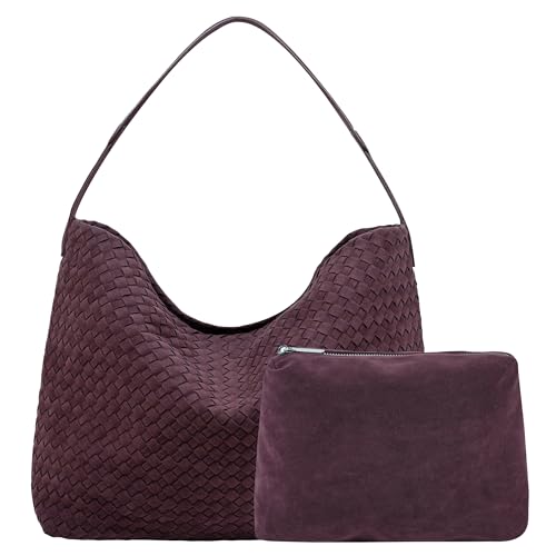 Leather Woven Tote Bag for Women, Vintage Suede Woven Hobo Bag, Large Crossbody Shoulder Slouchy Handbag - color: Wine Red