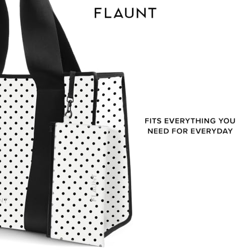 FLAUNT Everyday Tote Bag with Phone Pouch for Women - Lightweight, Airline Approved, Easy To Carry, Foldable & Washable - color: White Polka Dot
