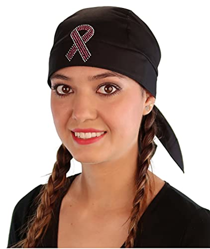 Sparkling EARTH - American Made Skull Caps Doo Rags Do Rag Durag Headwrap Head Wraps Skullies - Made in The USA! - color: Black Skull Cap With Pink Ribbon Rhinestud