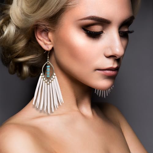 Long Bohemian Fringe Leather Earrrings Handmade Tassel Earrings with Turquoise Christmas Long Dangle Earrings for Women rodeo jewelry - color: 7