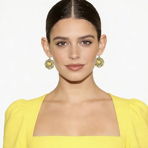 Handmade Bohemian Vintage Gold Sparkly Crystal Round Flower Leverback Earrings Cute Rhinestone Geometry Dangle Drop Earring for Women - color: Yellow