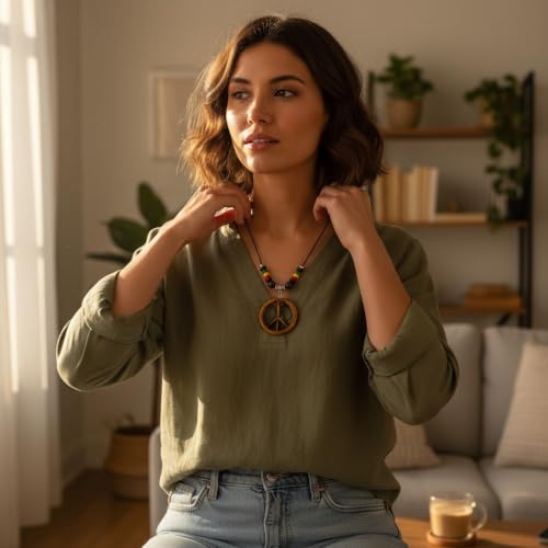 LAVIP Peace Sign Pendant Necklace, Black Cord with Wooden Beads, Boho Style - color: Brown