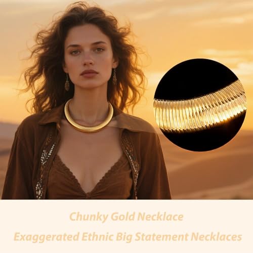 Chunky Chain Necklaces Women Statement Collar Necklace Gold Flat Snake Chain Choker Ribbed Design for Party, Dress Jewelry Gifts - color: A3