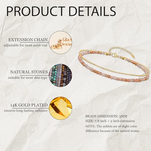 Ankle Bracelet for Women, Dainty 18k Gold Natural Stone Beaded Anklet Adjustable Double Ankle Chain Waterproof Summer Boho Foot Jewelry Birthday Anniversary Graduation Gifts - color: Sunstone