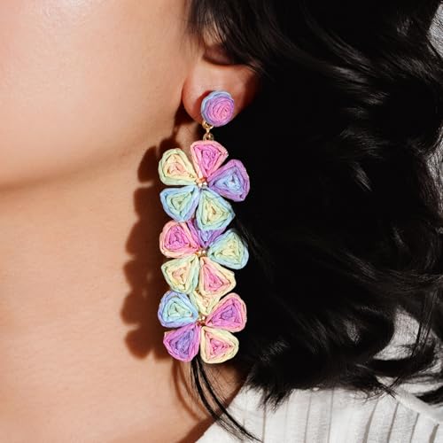Boho Flower Earrings Statement Raffia Dangle Earrings Cute Floral Jewelry Trendy Summer Beach Vacation Outfits for Women - color: Colorful-2