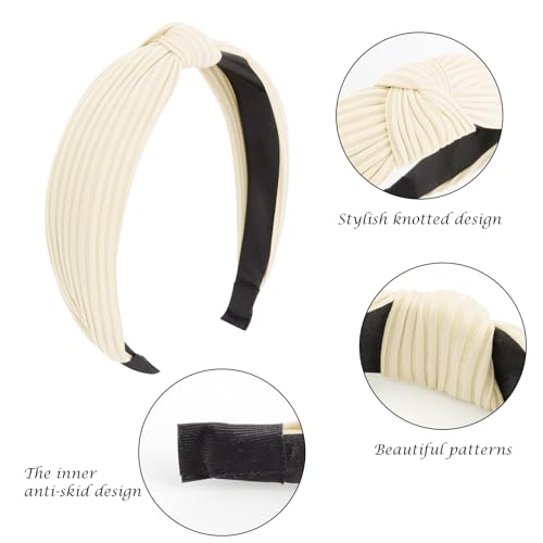 DRESHOW 4 Pack Knotted Headbands for Women Wide Turban Headband Yoga Exercise Ribbing Head Wraps Hair Bands Accessories - color: 4 Pack: Black, Beige, Light Brown, Sky Blue