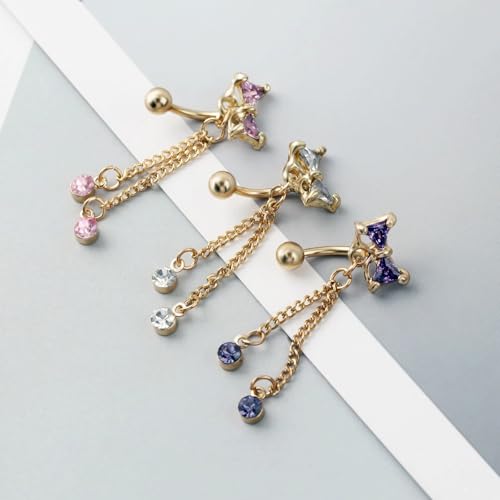14G CZ Bowknot Reverse Belly Button Rings for Women Stainless Steel Pink Purple Crystal Bow Chains Tassel Dangle Belly Navel Rings Navel Curved Barbell Body Piercing Jewelry - color: Purple