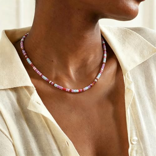 Tgirls Boho Choker Necklace Chain Rice Beaded Necklaces Seed Bead Necklace Accessory for Women - color: colorful 3