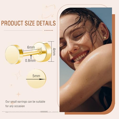 ZDE Women Earrings Flat Back Dot Earrings Titanium Hypoallergenic Cartilage Non-Nickel Earrings Studs for Sensitive Ears Simple Classic 3mm/4mm/5mm/6mm Screw On Stud Earring - color: Gold, size: 5MM