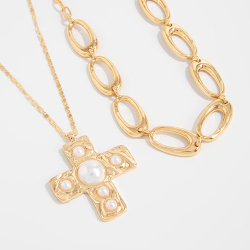 Chunky Necklace Stack Big Statement Necklace for Women Layered Large Oval Circle Cross Necklaces Stackable Boho Necklaces for Women Chunky Jewelry - style: B - cross