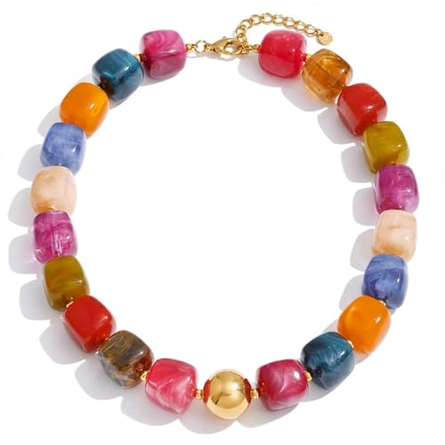 Colorful Beaded Choker Necklace for Women Boho Large Square Acrylic Beaded Necklace Adjustable Surfer Beach Strand Necklces Summer Jewelry Accessories - color: Mixed color