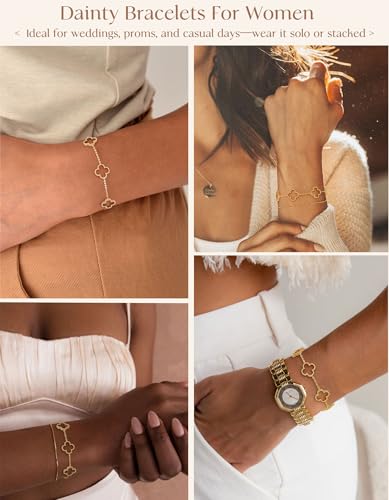 Dainty Silver Gold Bracelets for Women Trendy Non Tarnish 14K Gold Plated Cute Clover Bracelet Stackable Daisy Cubic Zirconia Diamond Charm Bracelet Stack Waterproof Jewelry Gifts - color: I- Gold Bracelet