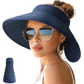NPJY Sun Hats for Women Wide Brim Roll-Up Beach Ponytail Hat Packable Foldable Travel Straw Visor - color: Blue
