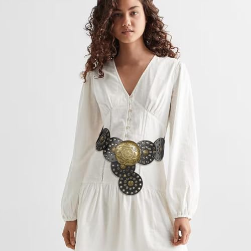 Wide Disc Belt for Women Vintage Leather Hollow Out Round Belt Western Waist Belt - color: Copper Black, size: S (39.7 in)