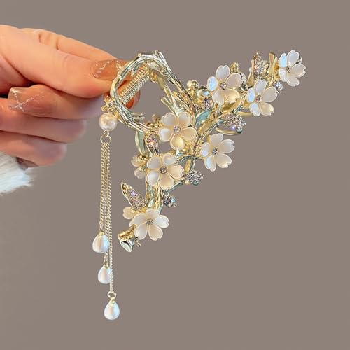 Jasmine Flower Claw Clips for Women Metal Non-Slip Claw Clip With Rhinestones Pearl Tassel Design Floral Hair Clips Cute Claw Clips for Thick Hair Claw Clips Flower for Women