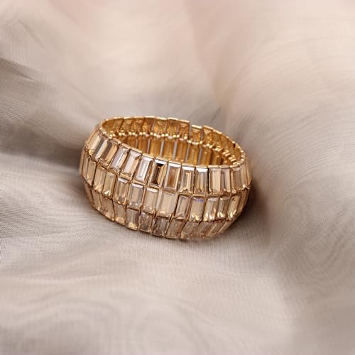 Women’s Wedding Bridal Crystal Leaf Flower Stretch Bangle Elastic Wide Bracelet Jewelry for Brides Bridesmaid - color: Style1-Champagne-Gold Plated