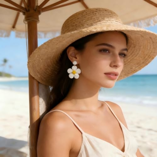 Rattan Earrings for Women Statement Boho Raffia Straw Wrapped Flower Drop Dangle Earrings Summer Tropical Beach Jewelry - color: Beige