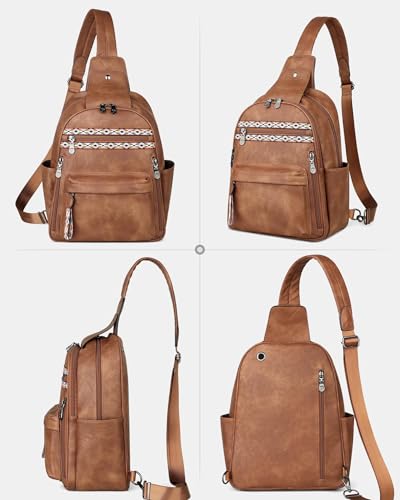 FADEON Large Sling Bag for Women, Leather Crossbody Purse Designer Anti Theft Sling Backpack, RFID Fanny Packs for Travel - color: 1 Brown Retro Style