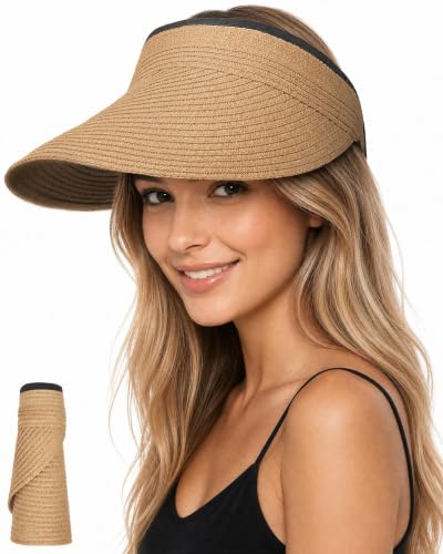 Senker Fashion Sun Hats Visor for Women, Straw Beach Hat Adjustable Wide Brim Ponytail Packable for Summer Travel UPF 50+ - color: Khaki