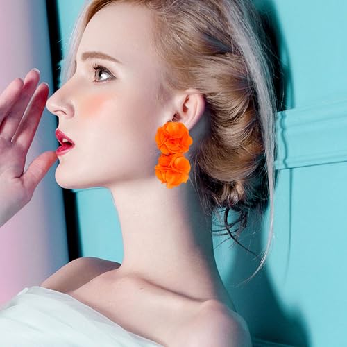 Oversized Fabric Flower Earrings for Women Statement Boho Chic Dangle Drop Earrings for Parties Weddings or Everyday Wear - color: Orange