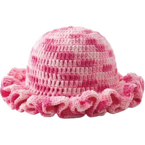 KORADI Womens Crochet Bucket Hat Ruffled Brim Knitted Hats Winter Boho Handmade Caps - color: Light Pink