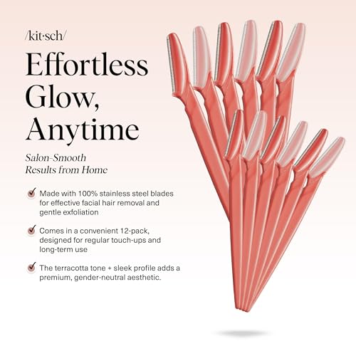 Kitsch Dermaplane Razor for Women Face – Face Razors for Women & Men, Eye Brow Razors & Face Shaver – Exfoliating Facial Razor & Dermaplaner as Skin Care Tool for Smoother Skin - Coral, 12 pcs - color: Coral, size: 12 Count (Pack of 1)