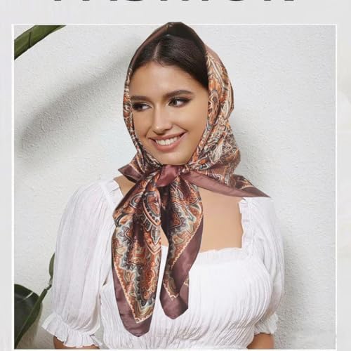 Hexchasty 35”Head Scarf Satin Silk Like Hair Scarf Large Square Head Scarves Bandana Head Wraps Headscarfs for Women Green - color: A-coffee