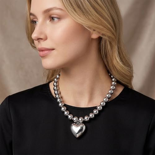 WOWORAMA Chunky Heart Necklaces for Women Colorful Resin Beaded Choker Necklace Gold Puffy Heart Statement Necklace Trendy Acrylic Choker Jewelry - color: CCB-Silver
