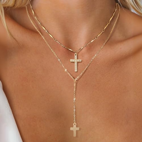 DALI Long Gold Necklaces for Women, Dainty Layered Sterling Silver Plated Y Shaped Necklace Stack Non Tarnish Cross CZ Pendant Long Chain Choker Adjustable Necklaces Jewelry for Vacation Christmas - color: Gold Cross Long Necklace