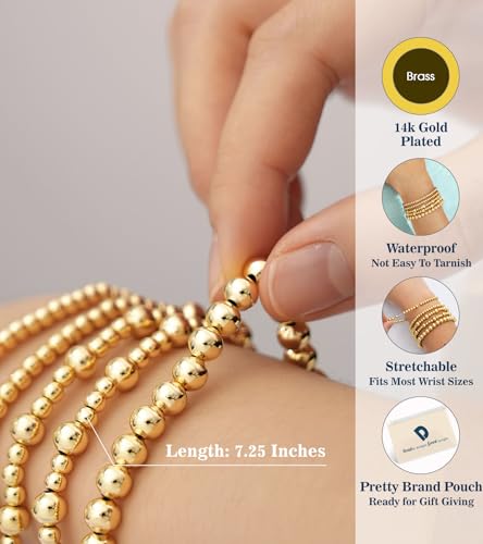 doubgood Gold Bracelets for Women, 5 Piece 14K Gold Plated Bracelet Stack Beaded Ball Jewelry Sets Gifts for Women - color: Style 1-Gold-7.25IN