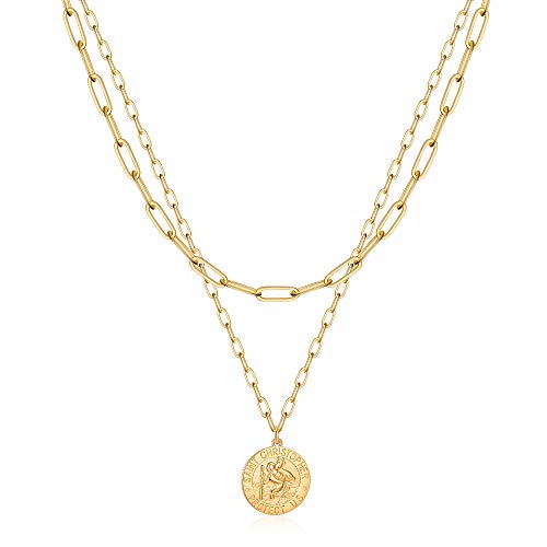 Turandoss 14K-Gold-Plated Necklaces for Women - Lock Evil Eye Medallion Vintage Coin Necklace Bee Sun Moon Shell Chain Necklace Layered Paperclip Chain Necklaces for Women Jewelry Gifts - style: "5-St. Christopher Pendant