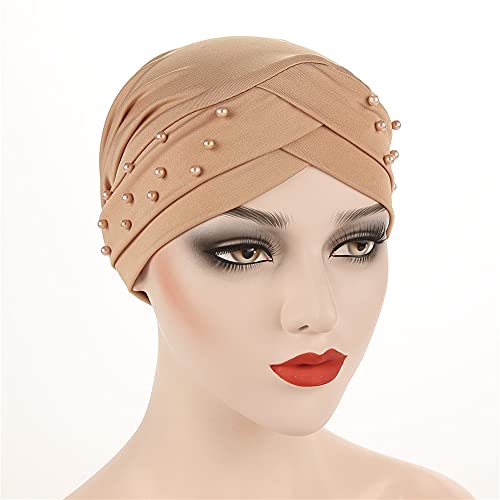 Women Beaded Silky Beanie, Pre-Tied Turban Head Wrap Cap for Chemo Chemical Cancer Hair Loss Cover Hat - color: Khaki