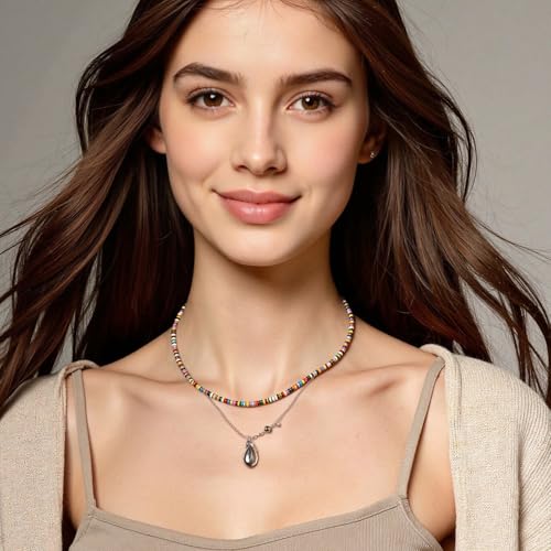Beaded Gemstone Necklaces for Women Colorful Boho Choker Necklace Beauty And Spirit For Women (blue-silver) - color: mix-purple