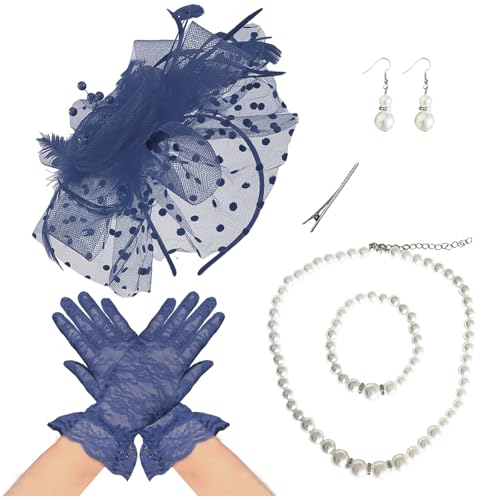 Fascinators Hat Pearl Earrings Necklace Bracelets Gloves 1920s Headband Hair Clips Women Flower Mesh Feather Headpiece Headwear Halloween Carnival Cocktail Wedding Tea Party Accessories Blue - color: Dark Blue