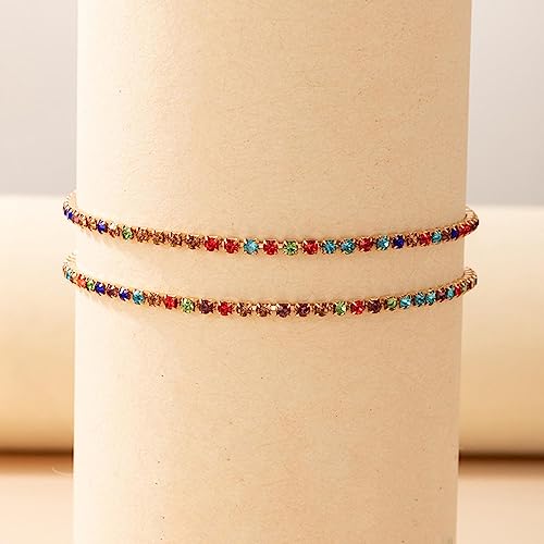 Boho Layered Rhinestone Ankle Bracelet Set Colorful Crystal Tennis Chain Anklet Summer Beach Rainbow CZ Anklet Sparkly Cubic Zirconia Foot Chain Jewelry for Women