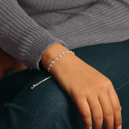 LeCalla Pure 925 Sterling Silver Italian Paperclip Link Chain Bracelets | Gold Over Silver Paper-Clip Link Station Bracelet | Sliding Bolo Bracelet for Women - color: Puffy Mariner Link Bolo