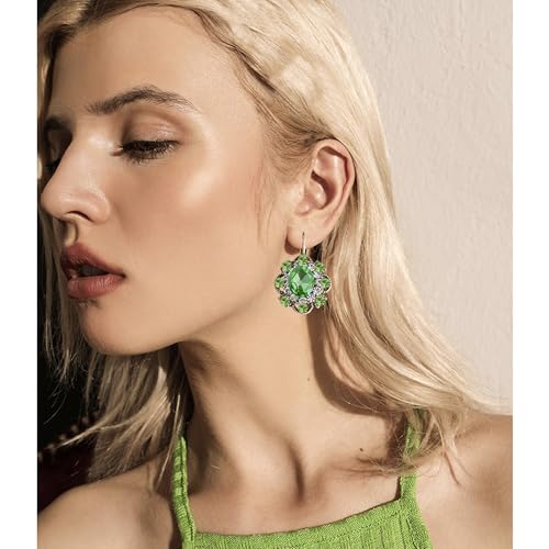 Handmade Bohemian Vintage Gold Sparkly Crystal Round Flower Leverback Earrings Cute Rhinestone Geometry Dangle Drop Earring for Women - color: Grass Green