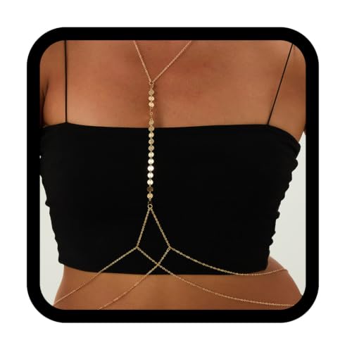 Bounzhi Rhinestone Crossover Body Chain Bra Shiny Crystal Chest Harness Bikini Body Jewelry - style: Sequin-Gold