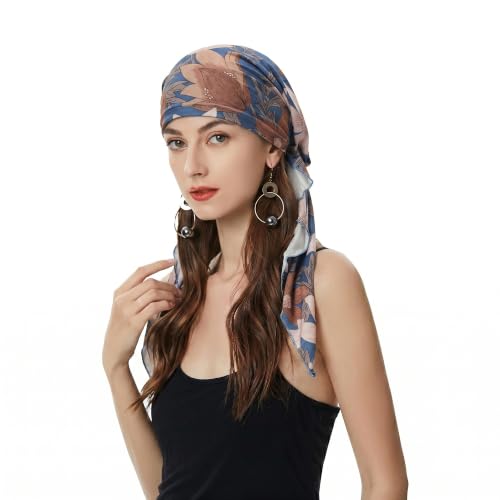 ZLYC Chemo Headwear Pre Tied Head Scarf Headwraps Lightweight Turban Beanie Cap for Women - color: Flower Blue