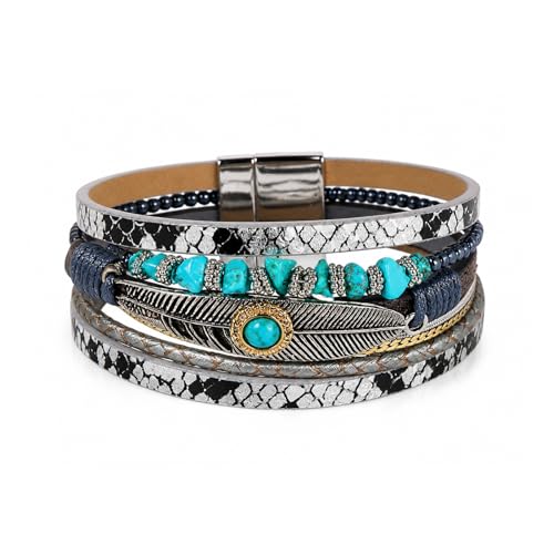 Boho Layered Bracelet for Women – Green Crystal Beaded Wrap Bracelet with Gold Clasp, Multi-Strand Hypoallergenic Statement Jewelry - color: Turquoise Multi Layer