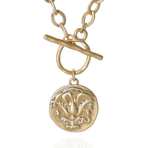 Chunky Gold Coin Necklace for Women Silver and Gold Chain Pendant Necklaces 18 Inch Antique Toggle Thick Link Fashion Jewelry Gift for Women - style: Worn Gold & Sliver-F