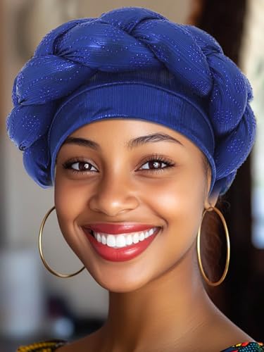 Woeoe African Headwrap Gold Braided Turbans for Women - color: Blue