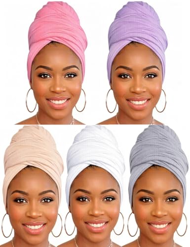 Head Wraps for Black Women, Breathable Headwrap Soft Long Hair Wraps Wide Headscarves for Locs Braids - color: 5pcs-(beige,light Grey,pink, Light Purple,white)