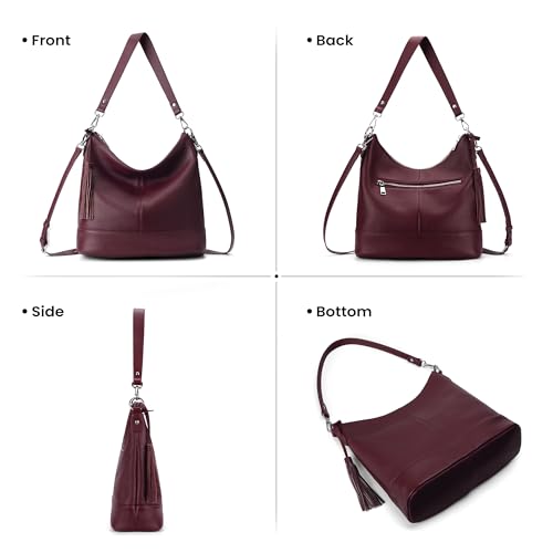Genuine Leather Hobo Crossbody Bag for Women, Soft Real Leather Bucket, Shoulder Handbag Purse with 2 Removable Strap - color: Burgundy