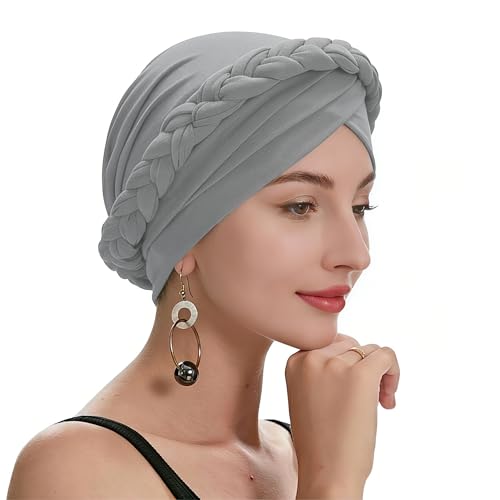 ZLYC Chemo Headwear for Women Pre Tied Turban Headwear Lightweight Beanie Hat - color: Braid Gray