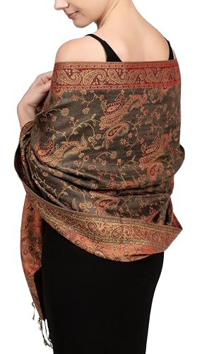 Achillea Reversible Paisley Pashmina Rave Scarf – Exotic Indian Shawls and Wraps for Evening Dresses, Festivals, All Seasons - color: Olive Burgundy