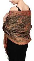 Achillea Reversible Paisley Pashmina Rave Scarf – Exotic Indian Shawls and Wraps for Evening Dresses, Festivals, All Seasons - color: Olive Burgundy